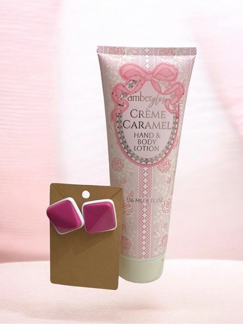 Amber Glow Crème Caramel Hand & Body Lotion (8 oz) & Pink Geometric Earrings